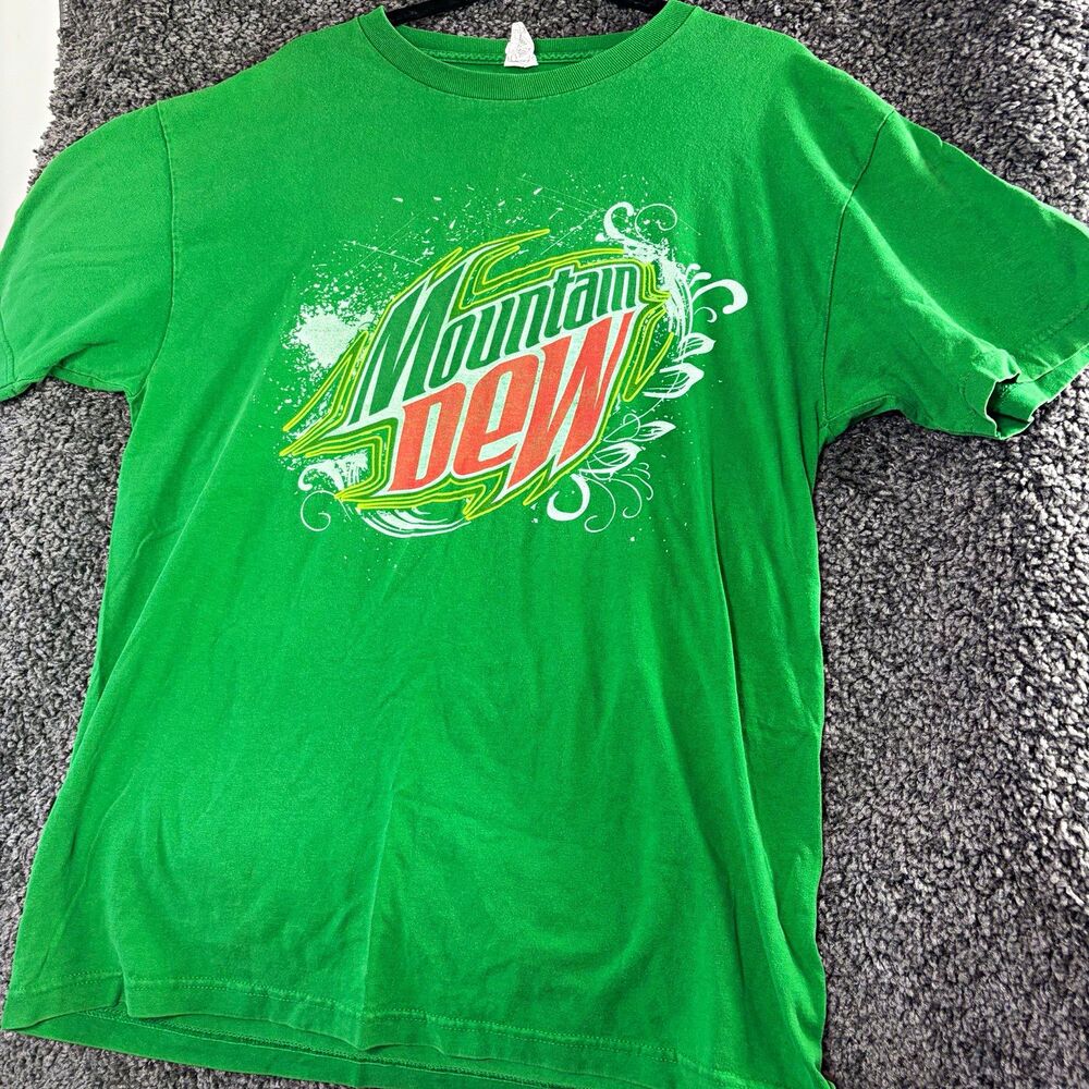 Alstyle Mountain Dew Logo Graphic T-Shirt Mens Large Green Crew Neck Cotton